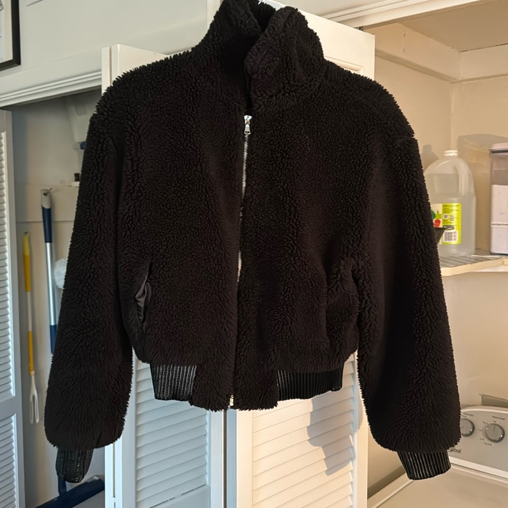 Nastygal Black Furry Bomber Jacket with leather details Size M